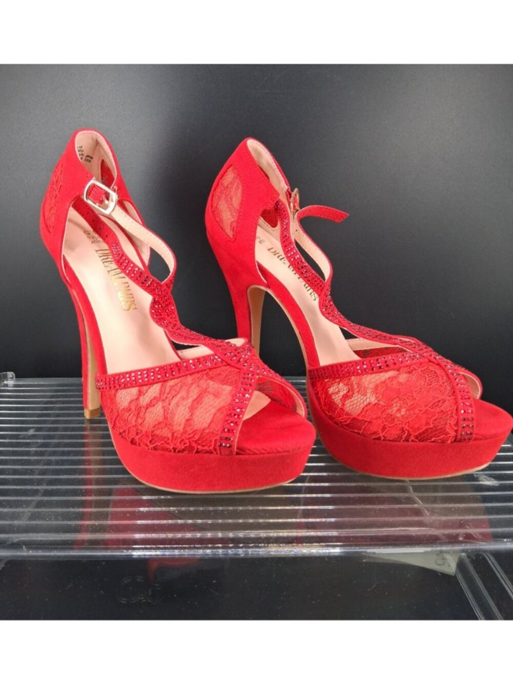 Dream Pairs Womens Red Rhinestone Lace High Heels Size 6.5 - Picture 6 of 6